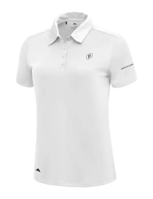 Adidas White Womens Ultimate Solid Polo w/P2 Icon Logo, Patterson Pope Wordmark Logo