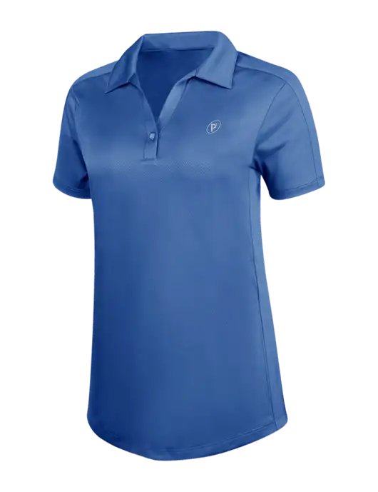 Womens Dark Royal Blue Diamond Jacquard Polo w/P2 Icon Logo, Patterson Pope Wordmark Logo