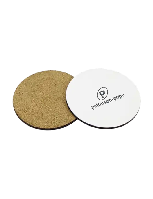 Gloss White Hardboard Round Coaster w/Cork Back, 3.75 w/P2 Logo