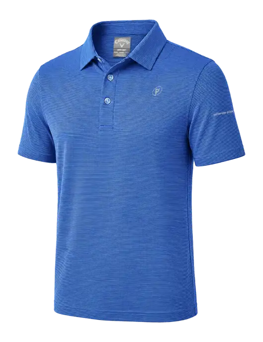 Callaway Royal Blue Fine Line Stripe Polo w/P2 Icon Logo, Patterson Pope Wordmark Logo