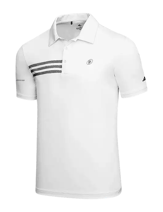 Adidas White 3 Stripes Chest Polo w/P2 Icon Logo, Patterson Pope Wordmark Logo