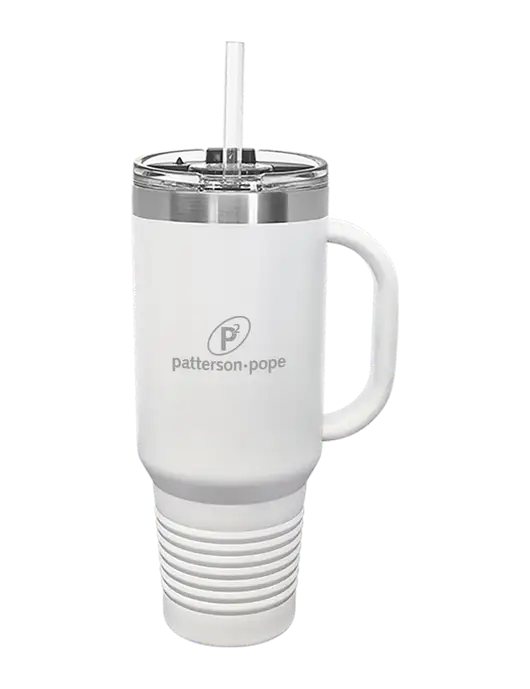 Polar Camel 40 oz. Powder Coated Vacuum Insulated White Travel Mug with Straw w/P2 Logo